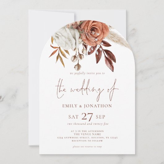 Invitation Rust Terracotta Florals Photo QR Code Mariage Arch (Devant)