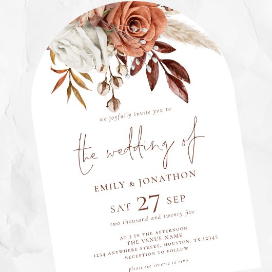 Invitation Rust Terracotta Florals Photo QR Code Mariage Arch