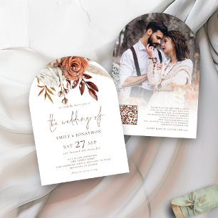 Invitation Rust Terracotta Florals Photo QR Code Mariage Arch