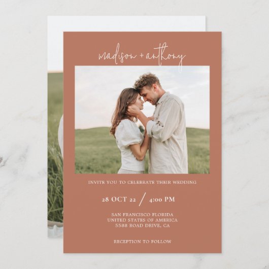 Invitation Rust Terracotta Script élégant avec Mariage photo (Devant / Derrière)