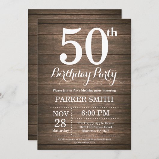 Invitation Rustic 50th Birthday (Devant / Derrière)