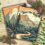 Invitation Rustic Adventure Mountain Forest Sauvez la date<br><div class="desc">L'aventure vous attend ! Forêt boisée fabuleuse avec chaîne de montagnes et sentier fluvial avec coucher de soleil Enregistrer la date. Couleurs bouchées de verdure, terre cuite claire et crème, rappelant une vieille carte postale. Parfait pour le couple qui aime le camping, les sports d'aventure, le randonnée ou juste le...</div>