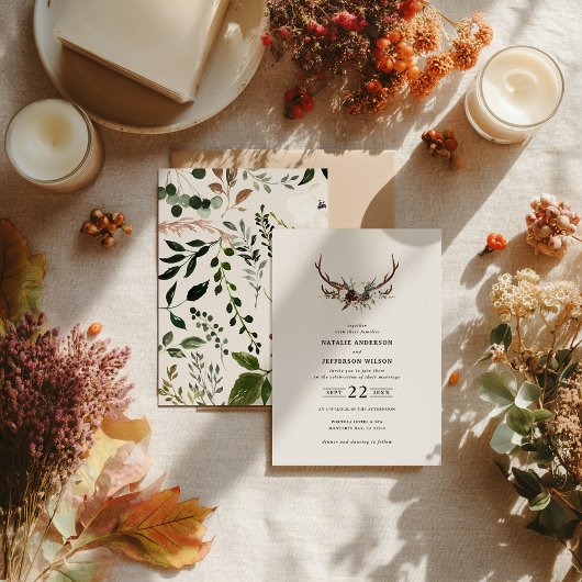 Invitation Rustic Antler Floral Wedding Boho Woodland Barn