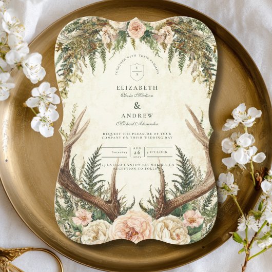 Invitation Rustic Antler Woodland Floral Wedding