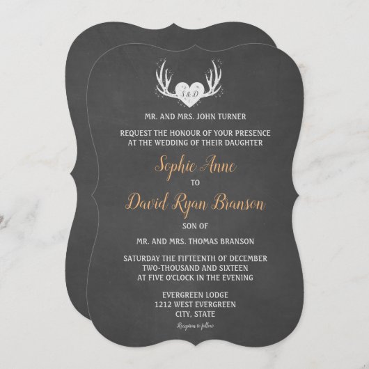 Invitation Rustic Antlers & Coeur Chalkboard Mariage Inviter (Devant / Derrière)