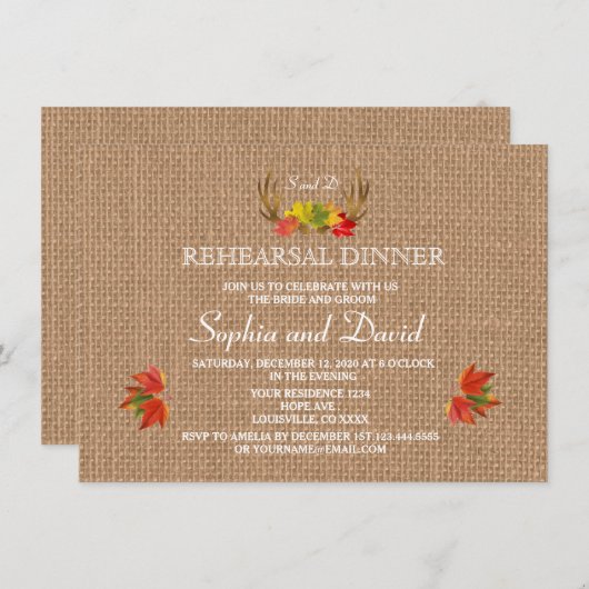 Invitation Rustic Antlers Fall Boho Mariage RÉPÉTITION DÎNER (Devant / Derrière)