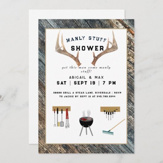 Invitation Rustic Antlers Manly Stuples Couples Wedding showe (Devant / Derrière)