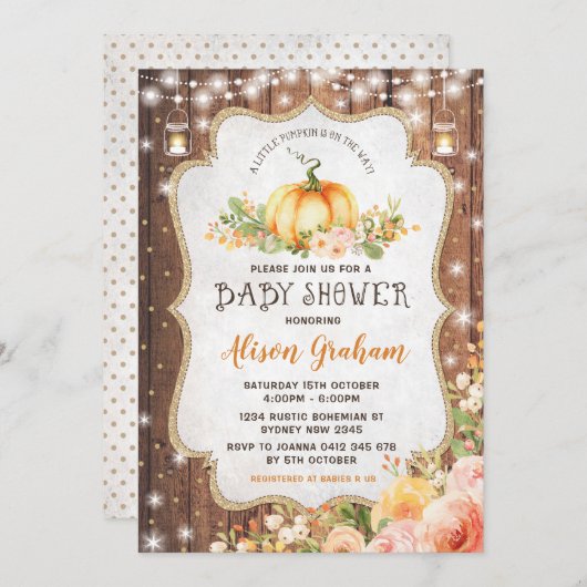 Invitation Rustic Automne Citrouille Baby shower Automne Flor (Devant / Derrière)