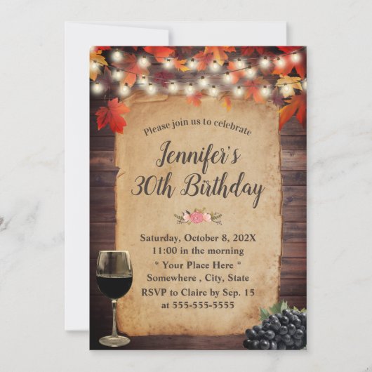 Invitation Rustic Automne Feuilles String Lights Vin Annivers (Devant)