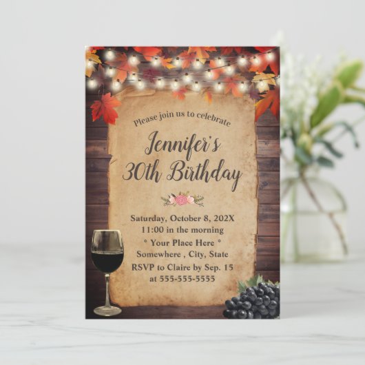 Invitation Rustic Automne Feuilles String Lights Vin Annivers (Debout devant)
