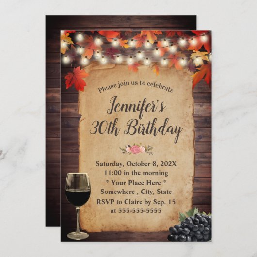 Invitation Rustic Automne Feuilles String Lights Vin Annivers (Devant / Derrière)