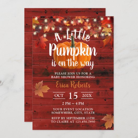 Invitation Rustic Automne laisse Red Barn Citrouille Baby sho (Devant / Derrière)
