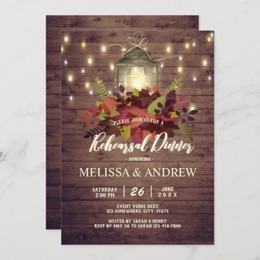 Invitation Rustic Automne laisse String Light Rehearer Dîner (Devant / Derrière)