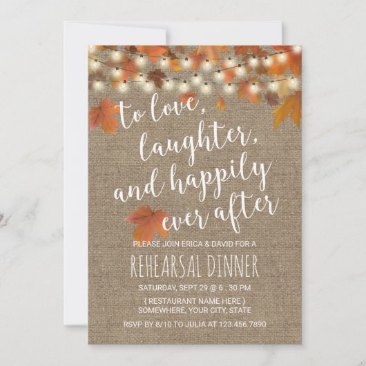 Invitation Rustic Automne quitte Burlap Rehearsdîner (Devant)