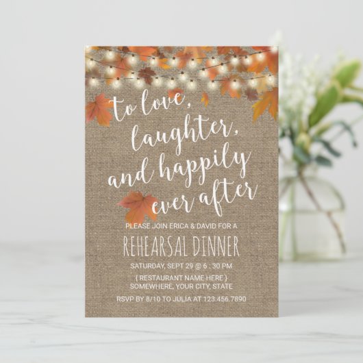 Invitation Rustic Automne quitte Burlap Rehearsdîner (Debout devant)