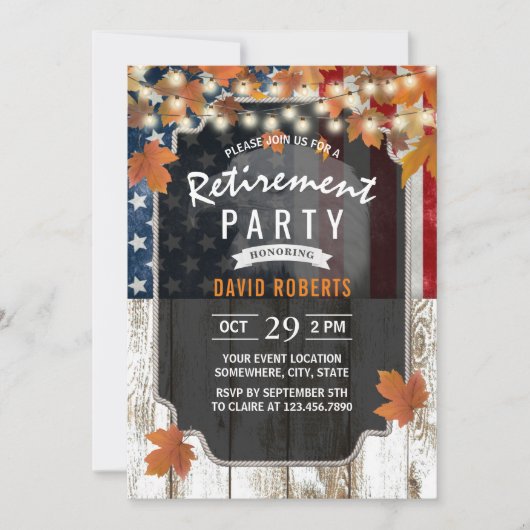 Invitation Rustic Automne quitte USA Drapeau Militaire Retrai (Devant)