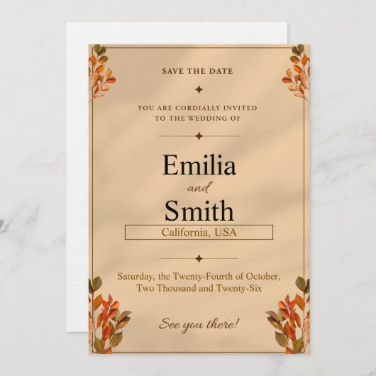 Invitation Rustic Autumn Leaves Save the Date Card 5x7 (Devant / Derrière)