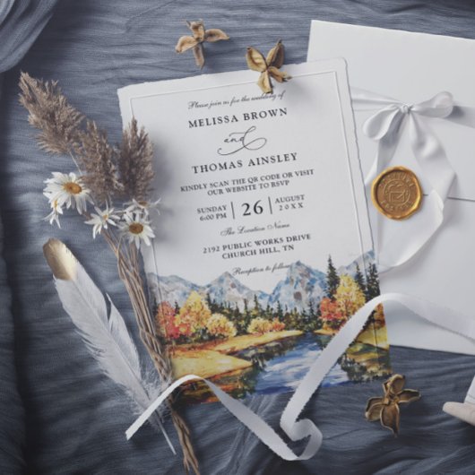 Invitation Rustic Autumn Mountain Budget QR Code Wedding