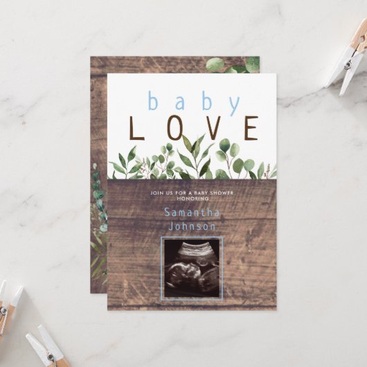Invitation Rustic Baby Love Wood Ultrasound Baby shower Invit (Devant/Arrière en situation)