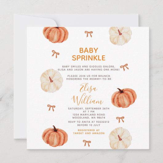 Invitation Rustic Baby Sprinkle White Pumpkin Baby Shower (Devant)