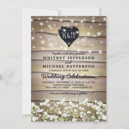 Invitation Rustic Baby's Breath Heart Twinkle Lights Mariage (Devant)