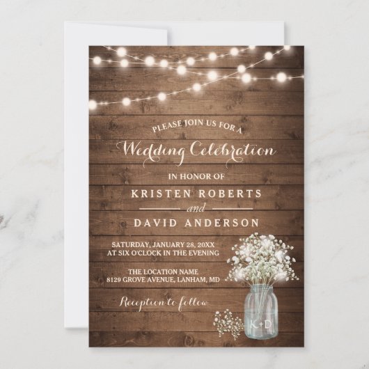 Invitation Rustic Baby's Breath Mason Jar Lumières Mariage (Devant)