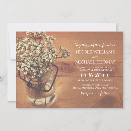 Invitation Rustic Baby's Breath Mason Jar Mariage en bois (Devant)