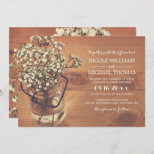 Invitation Rustic Baby's Breath Mason Jar Mariage en bois (Devant / Derrière)