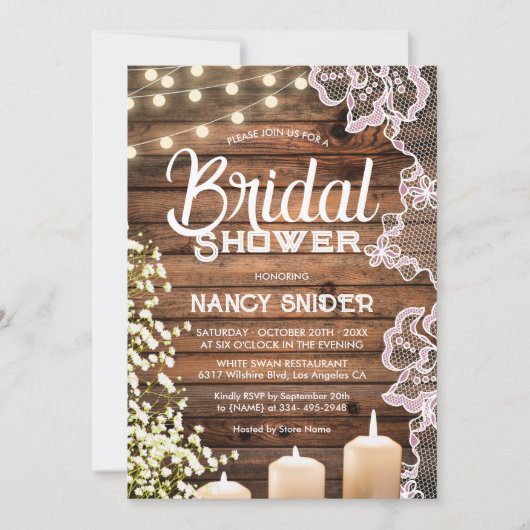 Invitation Rustic Baby's Breath String Lights & Lace Bridal (Devant)