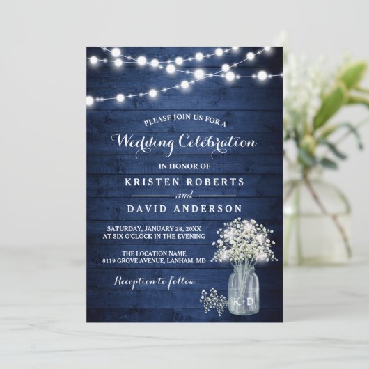 Invitation Rustic Baby's respire Marine Blue Mariage (Debout devant)