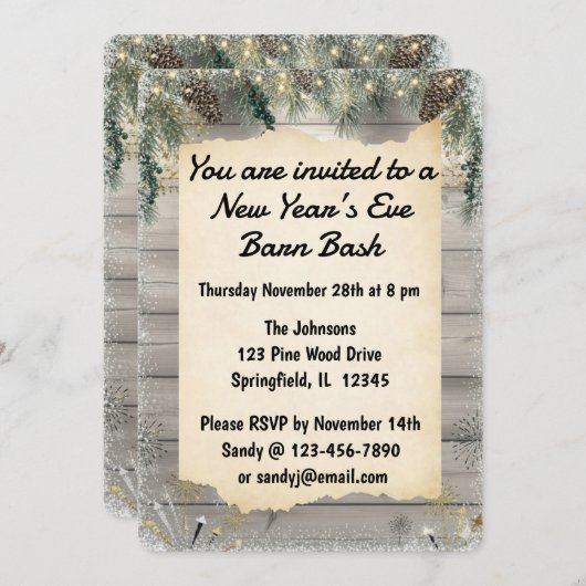 Invitation Rustic Barn Bash New Year’s Eve Party (Devant / Derrière)