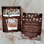 Invitation Rustic Barn Bois dentelle luminaires Mariage photo<br><div class="desc">Éblouissez vos invités avec cette élégante invitation de mariage avec de belles ampoules à cordes et dentelle blanche avec typographie moderne sur un arrière - plan rustique en bois de grange. Ajoutez simplement les détails de votre événement sur ce modèle facile à utiliser et décorez cette carte avec vos photos...</div>