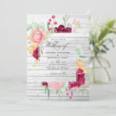 Invitation Rustic Barn Bourgogne et Blush Floral Mariage (Debout devant)