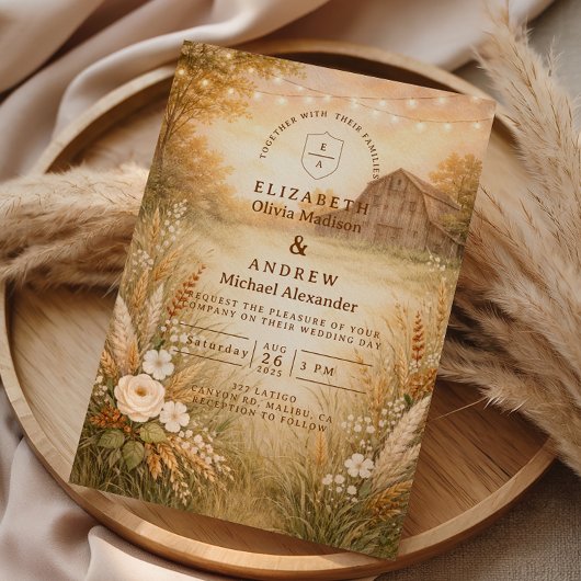 Invitation Rustic Barn Meadow String Lights Wedding