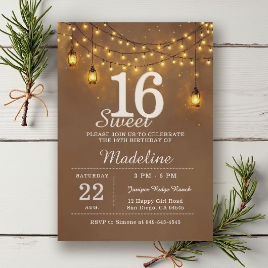 Invitation Rustic Barn String Lights Glow Lanterns Sweet 16