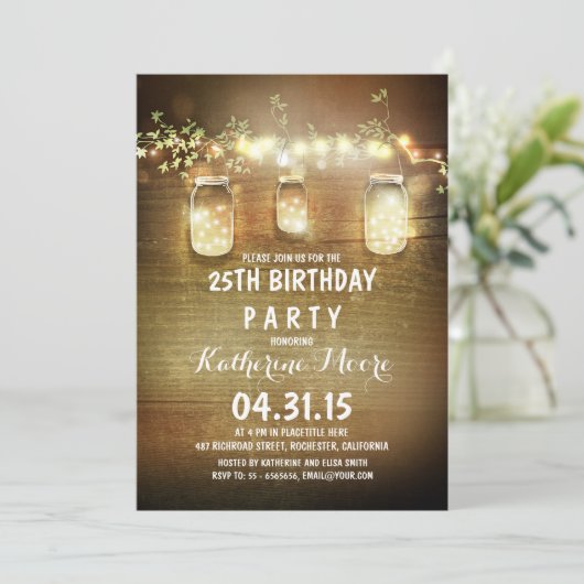 Invitation Rustic Barn String Lumière Mason Jars Anniversaire (Debout devant)