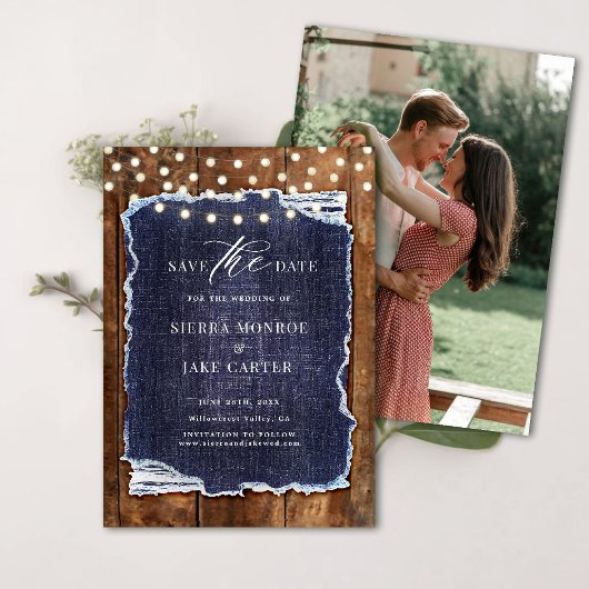 Invitation Rustic Barn Wood Denim Mariage photo Save Date