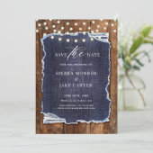 Invitation Rustic Barn Wood Denim Mariage photo Save Date (Debout devant)