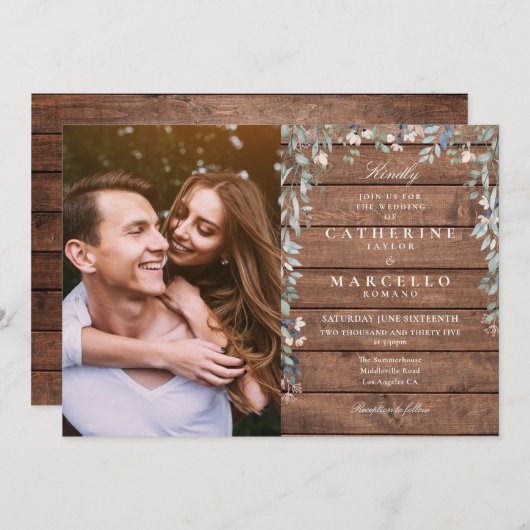 Invitation Rustic Barn Wood Floral Fleur sauvage Photo Mariag (Devant / Derrière)
