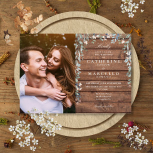 Invitation Rustic Barn Wood Floral Fleur sauvage Photo Mariag