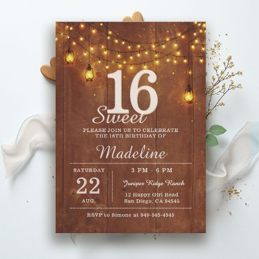 Invitation Rustic Barn Wood String Lights Lanterns Sweet 16