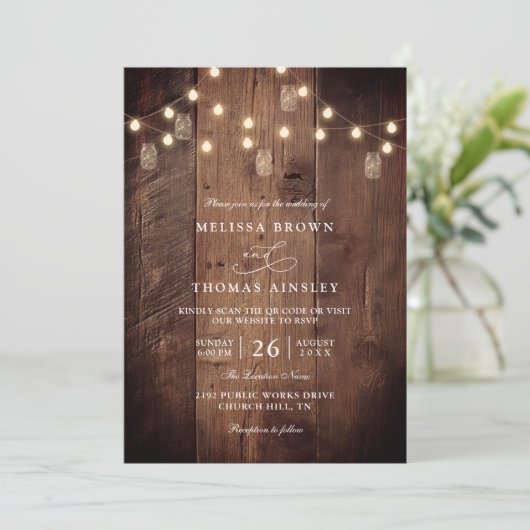 Invitation Rustic Barn Wood String Lights QR Code Wedding (Debout devant)