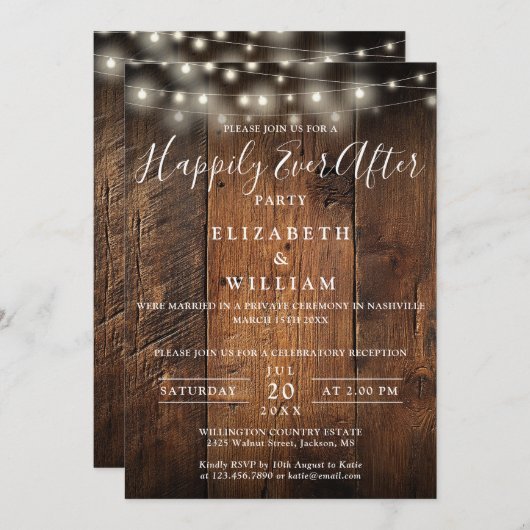 Invitation Rustic Barn Wood String Lights Wedding Reception (Devant / Derrière)