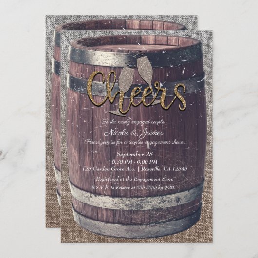 Invitation Rustic Barrel & Burlap Salue Pub Engagement Party (Devant / Derrière)