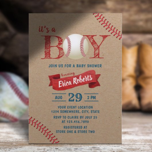 Invitation Rustic Baseball Boy Sports Thème Kraft Baby shower