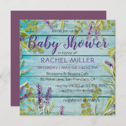 Invitation Rustic Beach Chic Lavender Baby shower (Devant / Derrière)