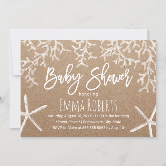 Invitation Rustic Beach Coral Reef & Starfish Baby shower (Devant)