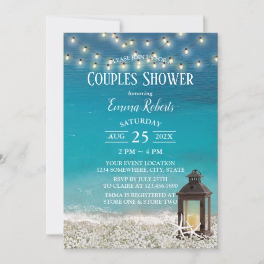 Invitation Rustic Beach Lantern String Lumières Couples Douch (Devant)