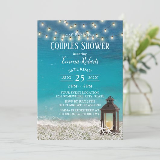 Invitation Rustic Beach Lantern String Lumières Couples Douch (Debout devant)