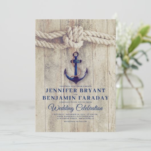 Invitation Rustic Beach - Nautical Navy Ancre Mariage (Debout devant)